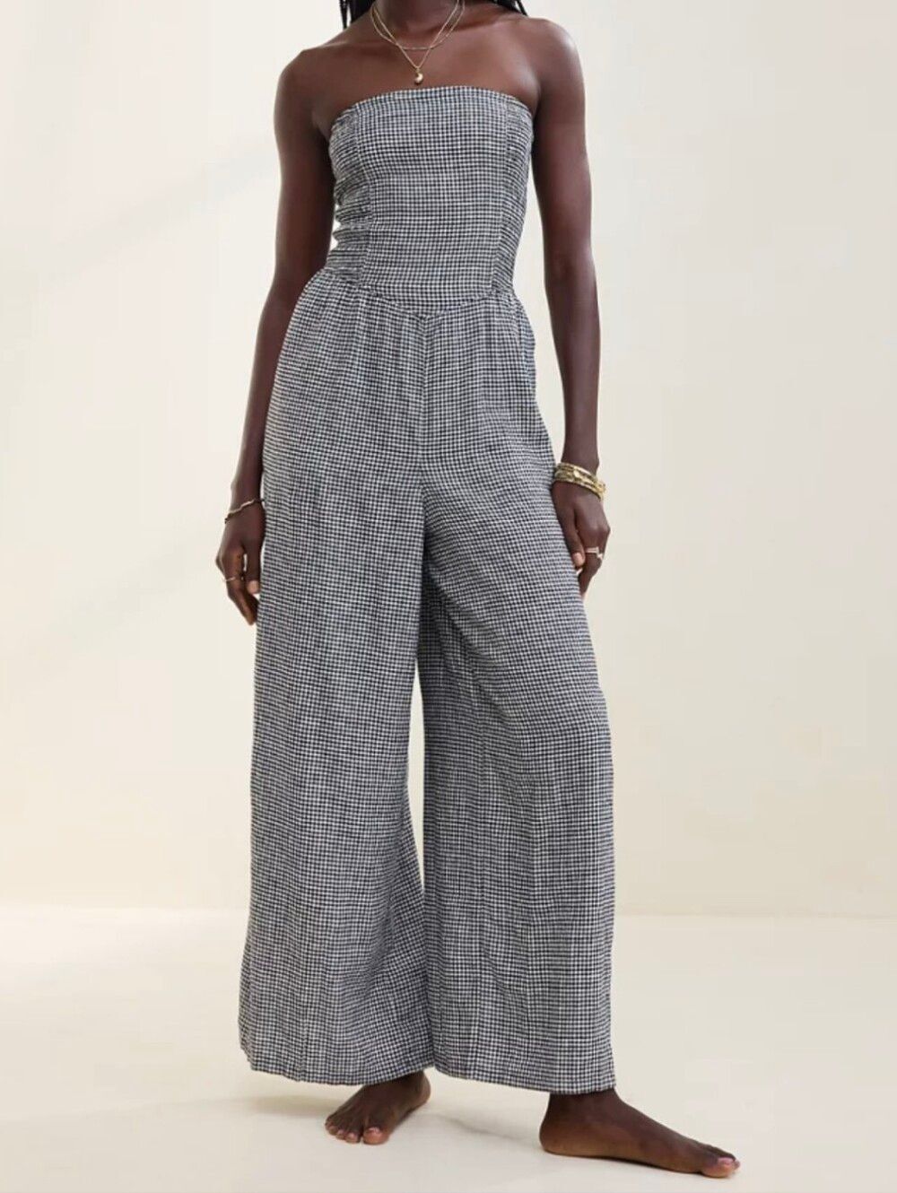 aerie Strapless Wide-Leg Jumpsuit in Black and White Gingham